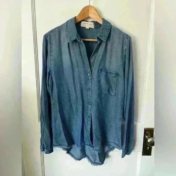 Denim button down, relaxed fit, fray detail shirt - Picture 1 of 3